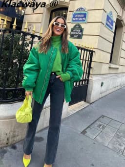 Klacwaya Bomber Jacket For Women 2022 Khaki Green Bomber Coat Women Padded Jacket Oversized Casual Jackets