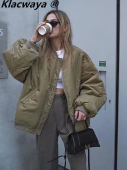 Klacwaya Bomber Jacket For Women 2022 Khaki Green Bomber Coat Women Padded Jacket Oversized Casual Jackets