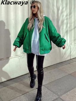 Klacwaya Bomber Jacket For Women 2022 Khaki Green Bomber Coat Women Padded Jacket Oversized Casual Jackets