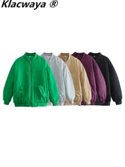 Klacwaya Bomber Jacket For Women 2022 Khaki Green Bomber Coat Women Padded Jacket Oversized Casual Jackets