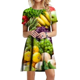 Colorful Fruits And Vegetables Print Dresses Women 2023 Fashion Short Sleeve Oversized Clothing Summer Casual Loose Mini Dress