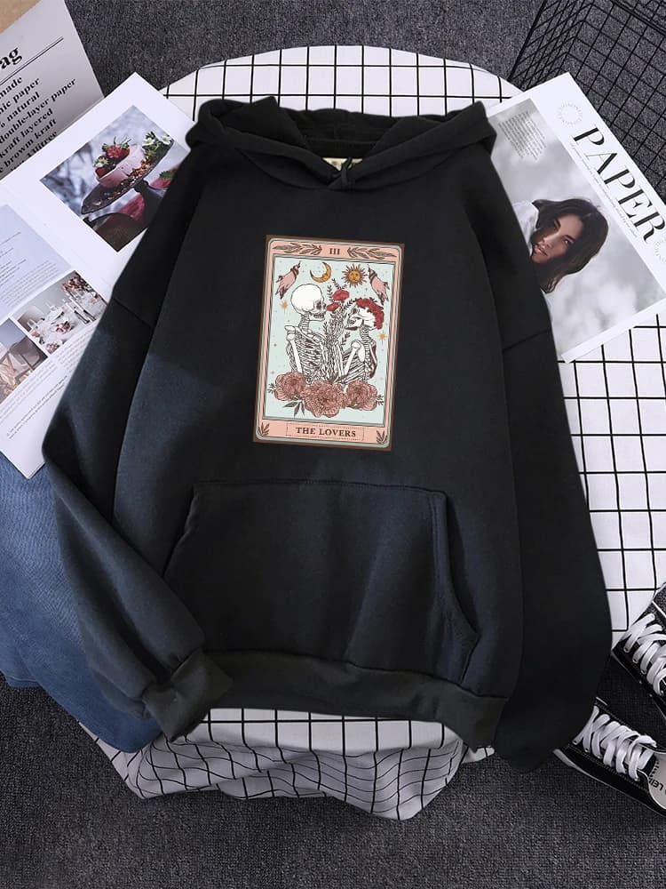 Skeleton Tarot Card The Lovers Vertical Poster Print Perfect Ideas Female Hoody Oversize Clothes Loose Hooded Autumn Tracksuit