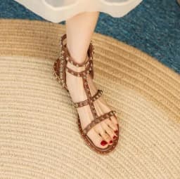 Retro Style Girls Brown Rivet Studded Roman Flat Summer Sandals Women Zipper Side Hollow Open Toe Slingback Beach Casual Shoes