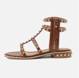 Retro Style Girls Brown Rivet Studded Roman Flat Summer Sandals Women Zipper Side Hollow Open Toe Slingback Beach Casual Shoes
