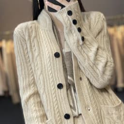 100%Cashmere Wool Sweater Women's New Stand Collar Cardigan Casual Knitted Tops European American Fashion High End Female Jacket