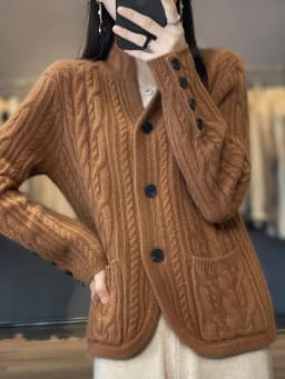 100%Cashmere Wool Sweater Women's New Stand Collar Cardigan Casual Knitted Tops European American Fashion High End Female Jacket