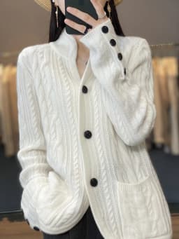 100%Cashmere Wool Sweater Women's New Stand Collar Cardigan Casual Knitted Tops European American Fashion High End Female Jacket