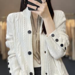 100%Cashmere Wool Sweater Women's New Stand Collar Cardigan Casual Knitted Tops European American Fashion High End Female Jacket
