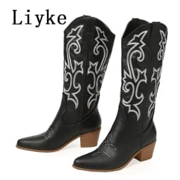 Liyke 2026 New Western Cowboy Boots Big Size 42 Women Fashion Embroidery Leather Autumn Winter Shoes Pointed Toe Low Hoof Heels
