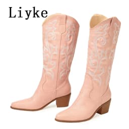 Liyke 2026 New Western Cowboy Boots Big Size 42 Women Fashion Embroidery Leather Autumn Winter Shoes Pointed Toe Low Hoof Heels