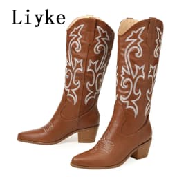 Liyke 2026 New Western Cowboy Boots Big Size 42 Women Fashion Embroidery Leather Autumn Winter Shoes Pointed Toe Low Hoof Heels