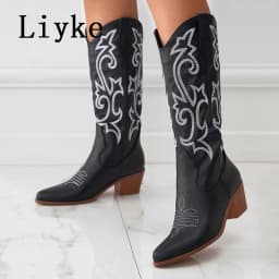 Liyke 2026 New Western Cowboy Boots Big Size 42 Women Fashion Embroidery Leather Autumn Winter Shoes Pointed Toe Low Hoof Heels