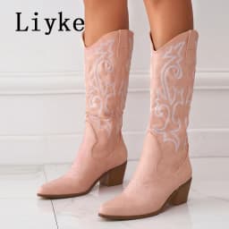 Liyke 2026 New Western Cowboy Boots Big Size 42 Women Fashion Embroidery Leather Autumn Winter Shoes Pointed Toe Low Hoof Heels
