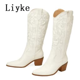 Liyke 2026 New Western Cowboy Boots Big Size 42 Women Fashion Embroidery Leather Autumn Winter Shoes Pointed Toe Low Hoof Heels