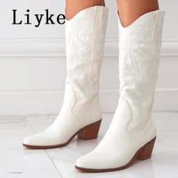 Liyke 2026 New Western Cowboy Boots Big Size 42 Women Fashion Embroidery Leather Autumn Winter Shoes Pointed Toe Low Hoof Heels