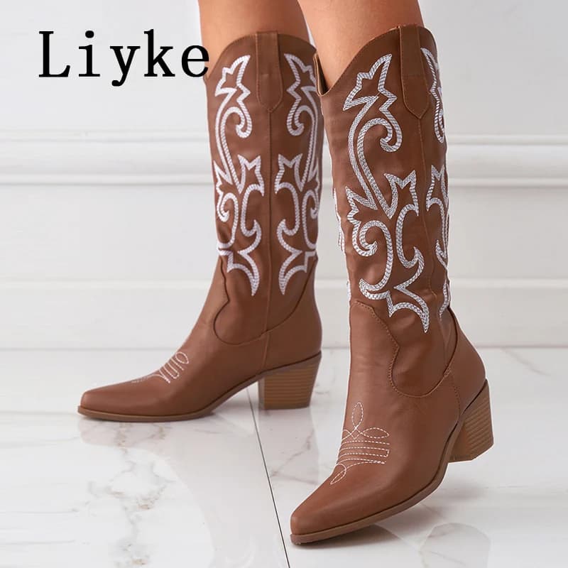 Liyke 2026 New Western Cowboy Boots Big Size 42 Women Fashion Embroidery Leather Autumn Winter Shoes Pointed Toe Low Hoof Heels