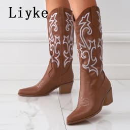 Liyke 2026 New Western Cowboy Boots Big Size 42 Women Fashion Embroidery Leather Autumn Winter Shoes Pointed Toe Low Hoof Heels