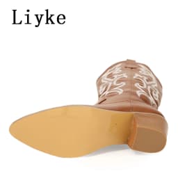 Liyke 2026 New Western Cowboy Boots Big Size 42 Women Fashion Embroidery Leather Autumn Winter Shoes Pointed Toe Low Hoof Heels