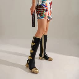 Plus Size Ethnic Style Bow Color-Blocking Women's Knee-High Boots Tapered Thick Heel Breathable Lining Autumn New Long Tube Shoe