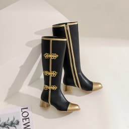 Plus Size Ethnic Style Bow Color-Blocking Women's Knee-High Boots Tapered Thick Heel Breathable Lining Autumn New Long Tube Shoe