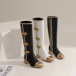 Plus Size Ethnic Style Bow Color-Blocking Women's Knee-High Boots Tapered Thick Heel Breathable Lining Autumn New Long Tube Shoe