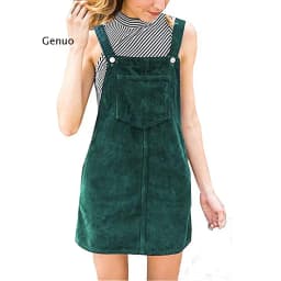 Women Corduroy Straight Suspender Mini Bib Overall Casual Pocket Dress Button Knee-length lovely Solid color Dress