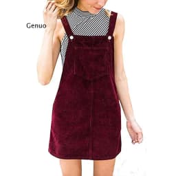Women Corduroy Straight Suspender Mini Bib Overall Casual Pocket Dress Button Knee-length lovely Solid color Dress