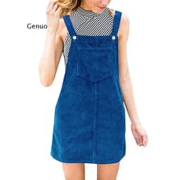 Women Corduroy Straight Suspender Mini Bib Overall Casual Pocket Dress Button Knee-length lovely Solid color Dress