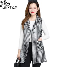 UHYTGF Sleeveless Women Jacket Single-Breasted Spring Autumn Vest Coat Fashion Plaid Casual Female 5XL Loose Size Waistcoat 1253