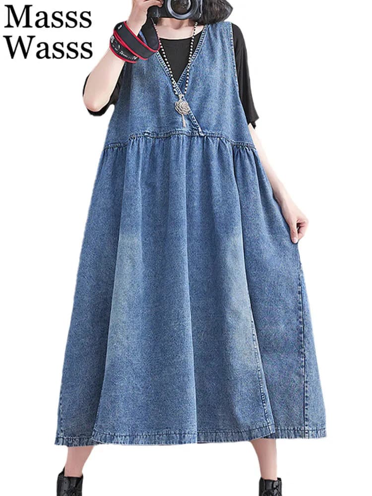 Masss Wasss Fashion Vintage Summer Clothing 2022 Women Loose Classic Vestidos Leisure Elegant Sleeveless Sexy Punk Denim Dresses