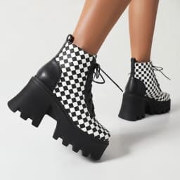 Black And White Checkerboard Square Toe Cutout Chunky Heel High Platform Short Boots Cross Lace-Up Mixed Colors Ankle Boots