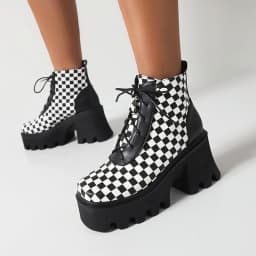 Black And White Checkerboard Square Toe Cutout Chunky Heel High Platform Short Boots Cross Lace-Up Mixed Colors Ankle Boots