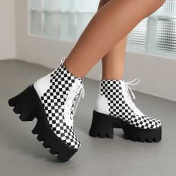 Black And White Checkerboard Square Toe Cutout Chunky Heel High Platform Short Boots Cross Lace-Up Mixed Colors Ankle Boots