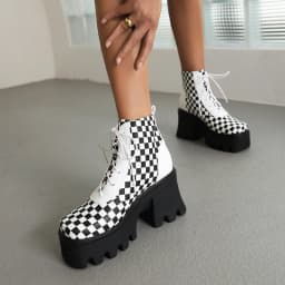 Black And White Checkerboard Square Toe Cutout Chunky Heel High Platform Short Boots Cross Lace-Up Mixed Colors Ankle Boots