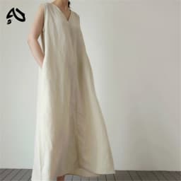 Cotton Linen Women Dress Pocket Solid Loose V-Neck Sleeveless Summer Korean Long Robe Dress For Women