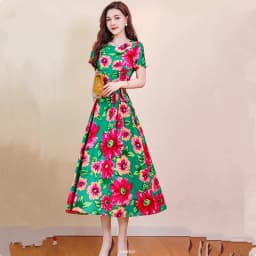UHYTGF Fashion Womens 5XL Big Size Dress Short Sleeves Cotton Silk Printed Summer Dress Soft Comfortable Big Swing Dresses 2118
