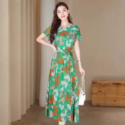 UHYTGF Fashion Womens 5XL Big Size Dress Short Sleeves Cotton Silk Printed Summer Dress Soft Comfortable Big Swing Dresses 2118