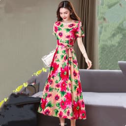 UHYTGF Fashion Womens 5XL Big Size Dress Short Sleeves Cotton Silk Printed Summer Dress Soft Comfortable Big Swing Dresses 2118