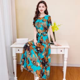 UHYTGF Fashion Womens 5XL Big Size Dress Short Sleeves Cotton Silk Printed Summer Dress Soft Comfortable Big Swing Dresses 2118