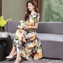 UHYTGF Fashion Womens 5XL Big Size Dress Short Sleeves Cotton Silk Printed Summer Dress Soft Comfortable Big Swing Dresses 2118
