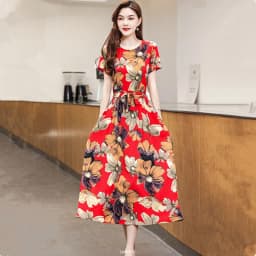 UHYTGF Fashion Womens 5XL Big Size Dress Short Sleeves Cotton Silk Printed Summer Dress Soft Comfortable Big Swing Dresses 2118