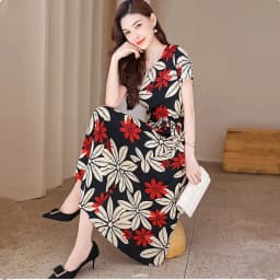 UHYTGF Fashion Womens 5XL Big Size Dress Short Sleeves Cotton Silk Printed Summer Dress Soft Comfortable Big Swing Dresses 2118