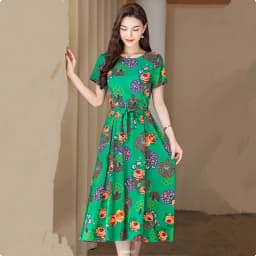 UHYTGF Fashion Womens 5XL Big Size Dress Short Sleeves Cotton Silk Printed Summer Dress Soft Comfortable Big Swing Dresses 2118
