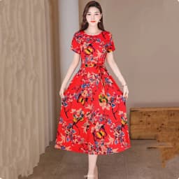UHYTGF Fashion Womens 5XL Big Size Dress Short Sleeves Cotton Silk Printed Summer Dress Soft Comfortable Big Swing Dresses 2118