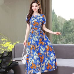 UHYTGF Fashion Womens 5XL Big Size Dress Short Sleeves Cotton Silk Printed Summer Dress Soft Comfortable Big Swing Dresses 2118