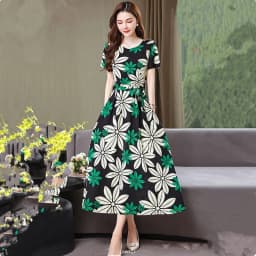 UHYTGF Fashion Womens 5XL Big Size Dress Short Sleeves Cotton Silk Printed Summer Dress Soft Comfortable Big Swing Dresses 2118