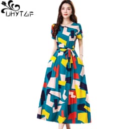 UHYTGF Fashion Womens 5XL Big Size Dress Short Sleeves Cotton Silk Printed Summer Dress Soft Comfortable Big Swing Dresses 2118