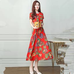UHYTGF Fashion Womens 5XL Big Size Dress Short Sleeves Cotton Silk Printed Summer Dress Soft Comfortable Big Swing Dresses 2118