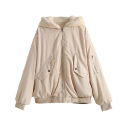 KEYANKETIAN Ladies Reversible Bomber Jacket Female Winter Faux Fur Panel Loose Hooded Zip Jacket Solid Mid Length Casual Top