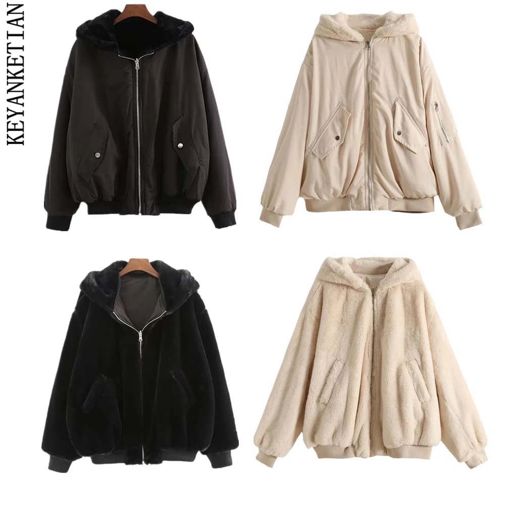 KEYANKETIAN Ladies Reversible Bomber Jacket Female Winter Faux Fur Panel Loose Hooded Zip Jacket Solid Mid Length Casual Top
